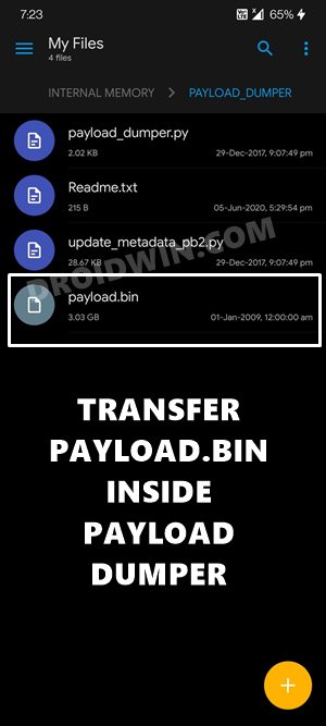 transfer payload.bin inside payload dumper android