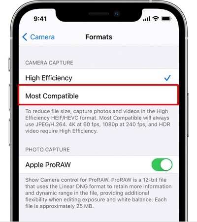 ios 15 iphone 13 pro camera format most compatible high efficiency