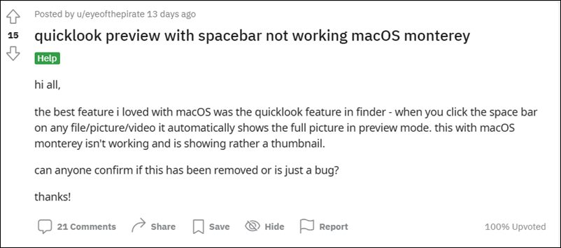 Quick Look Preview не работает в macOS Monterey