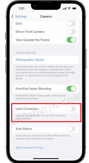 turn off lens correction iphone 13 pro