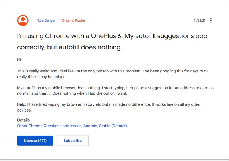исправить предложения Chrome AutoFill, которые не работают
