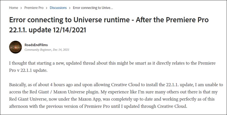 Ошибка при подключении к среде выполнения Universe в Adobe Premiere Pro