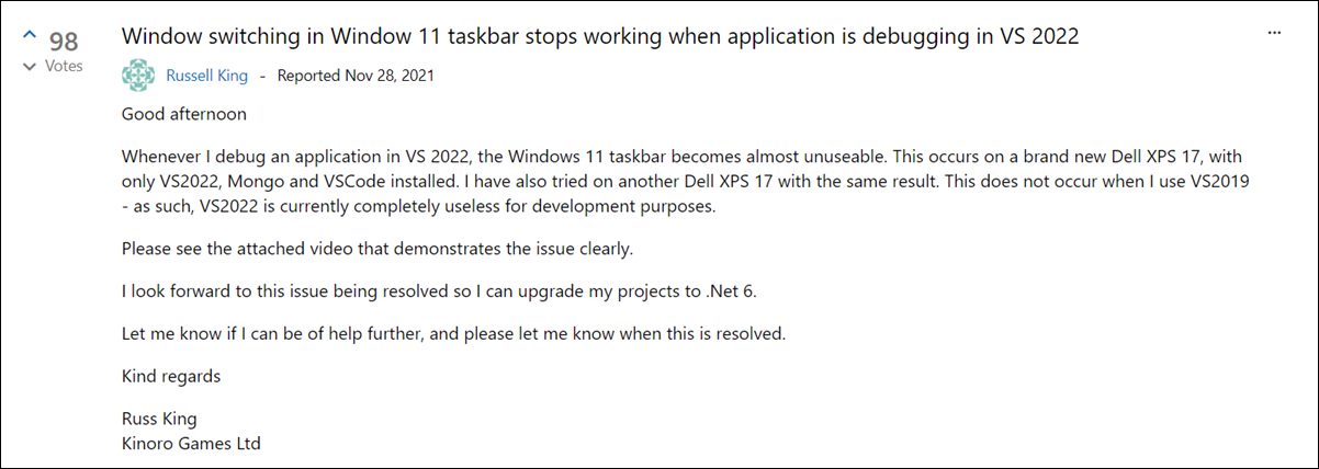Visual Studio 2022 зависает на панели задач Windows 11
