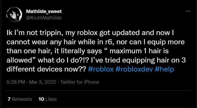 Персонаж Roblox R6 не может носить волосы