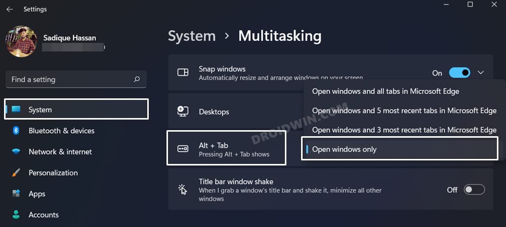 Отключить вкладки Microsoft Edge в Alt-Tab в Windows 11