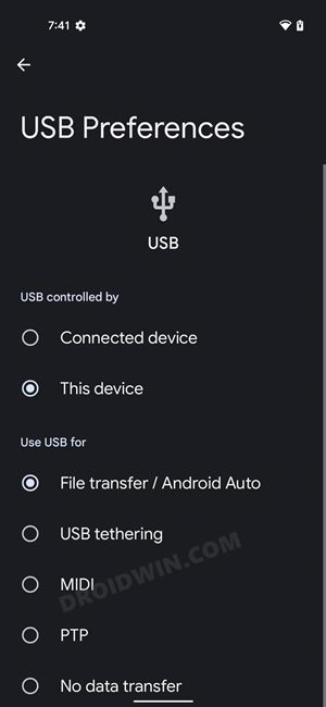 Установите передачу файлов в качестве USB-подключения по умолчанию в Android