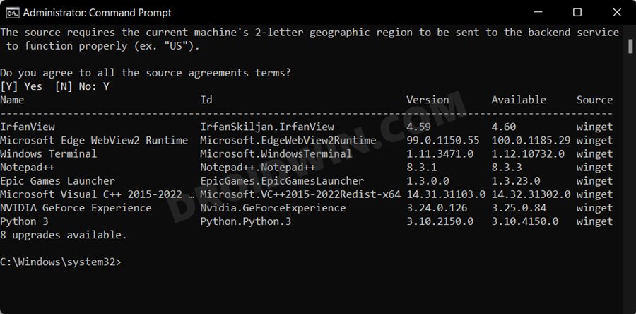   Обновление приложений в Windows 11 через командную строку