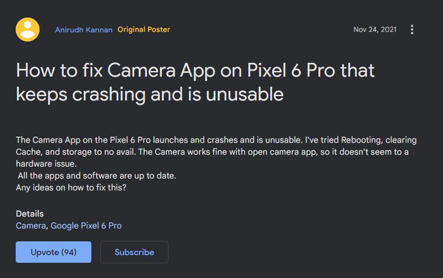 Сбой камеры Pixel 6 Pro
