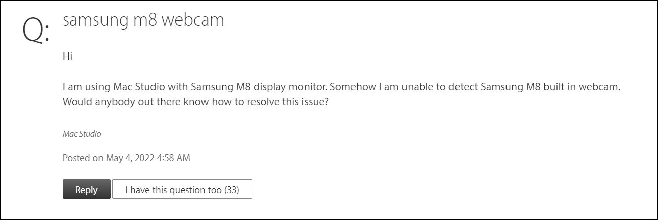 Веб-камера Samsung Smart Monitor M8 не работает с Mac