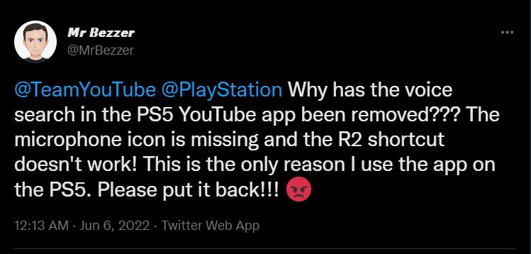 Голосовой поиск отсутствует в приложении YouTube на PlayStation 5