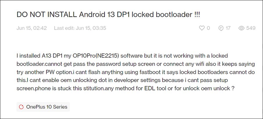 OnePlus 10 Pro не может установить Android 13, зависший на экране пароля