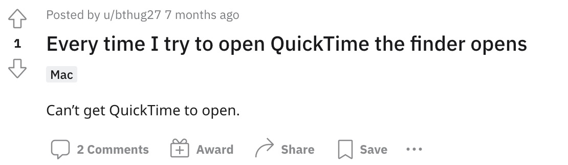 При открытии QuickTime Player открывается Finder.