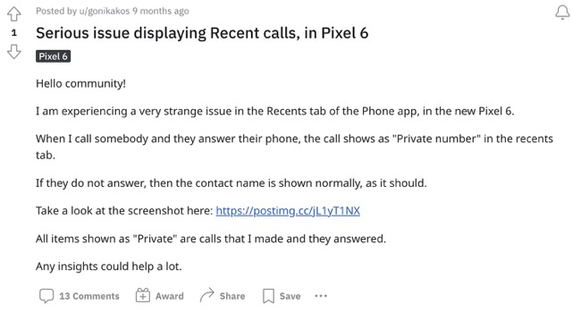 Контакт с частным номером Pixel 6 Pro