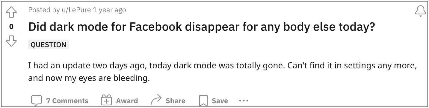 темный режим фейсбука не работает