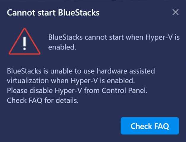 Bluestacks не запускается при включенном Hyper-V