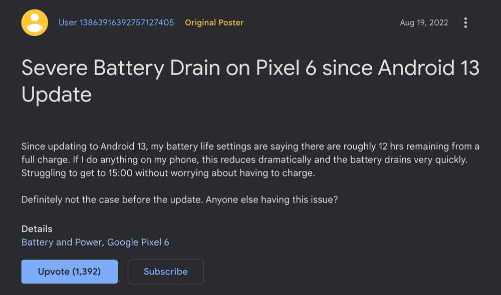 Разряд батареи Pixel 6 Pro на Android 13
