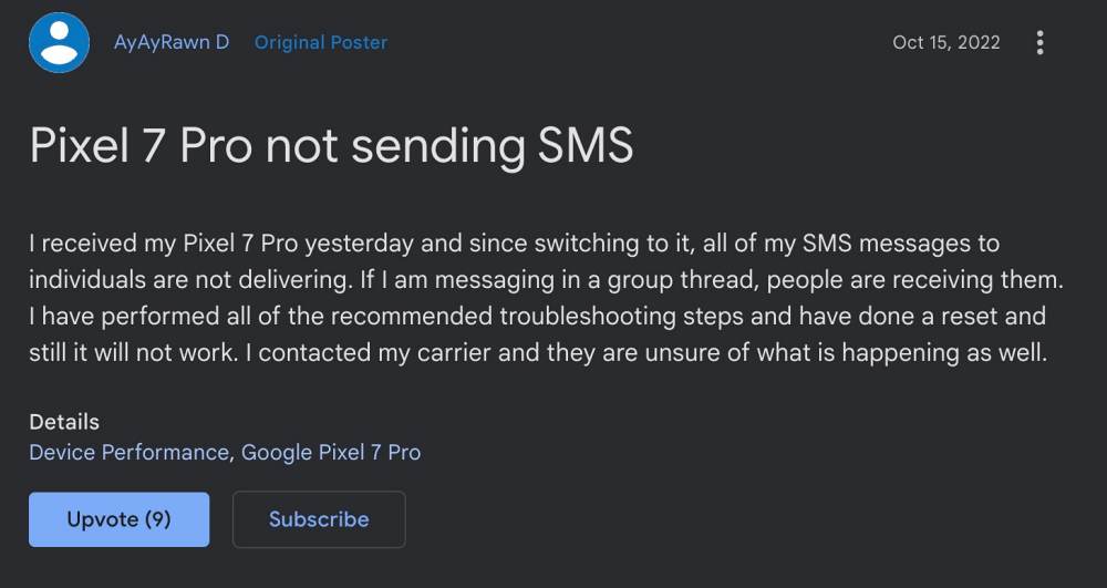 Не удается отправить SMS в Pixel 7 Pro