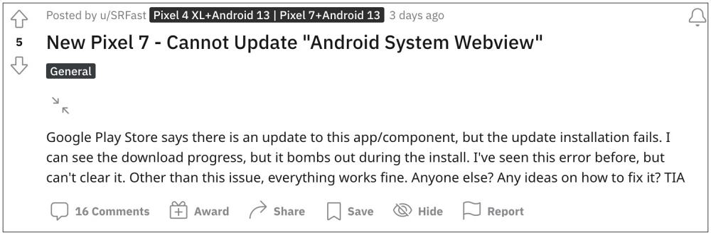 Не удается обновить веб-просмотр системы Android на Pixel 7 Pro