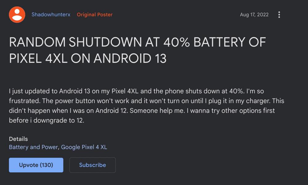 Pixel 4XL выключается при 40% заряда батареи в Android 13