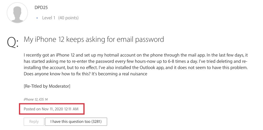 iPhone запрашивает пароль Outlook
