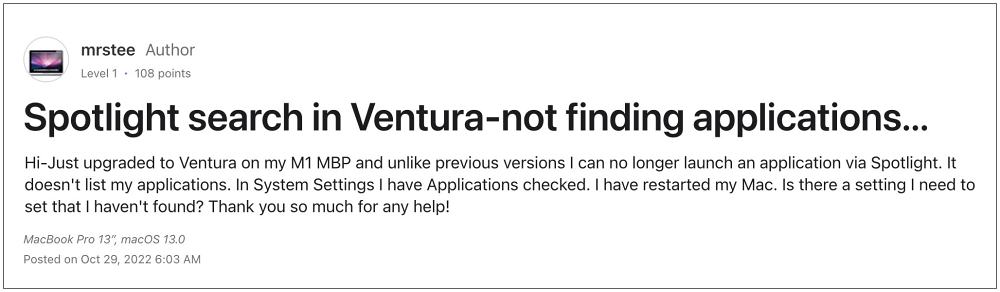 Поиск Mac Spotlight не работает на Ventura