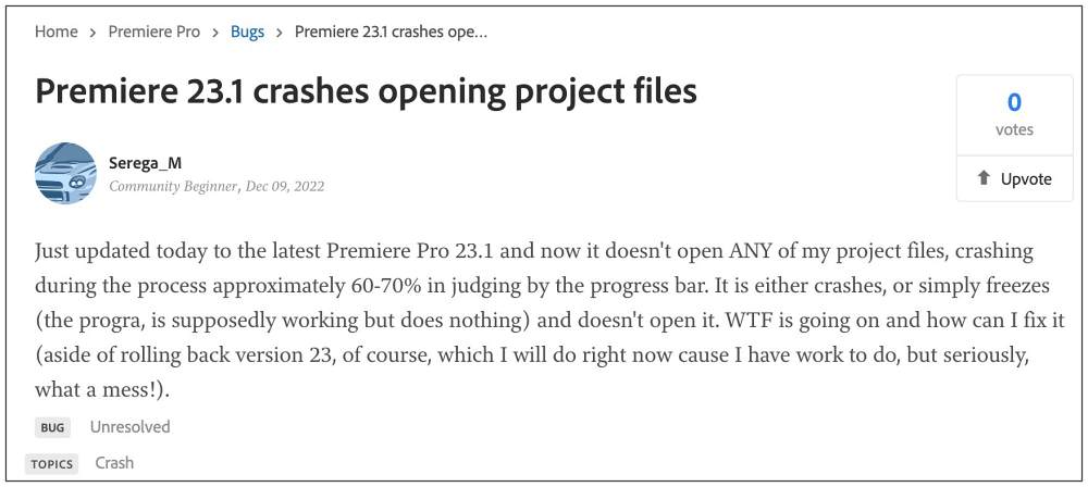 Сбой Adobe Premiere Pro 23.1