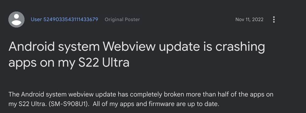 Android System Webview приводит к сбою приложений на S22 Ultra