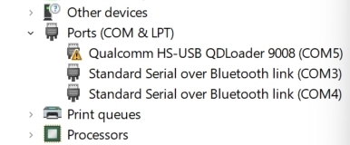 Желтый восклицательный знак рядом с Qualcomm HS-USB QDLoader 9008