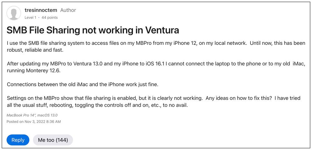 Файловый ресурс SMB не работает в Ventura