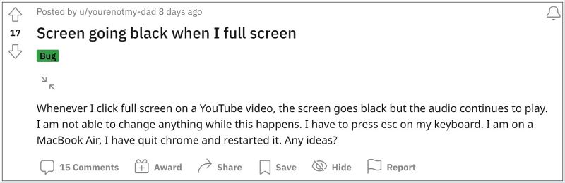 YouTube становится черным в полноэкранном режиме