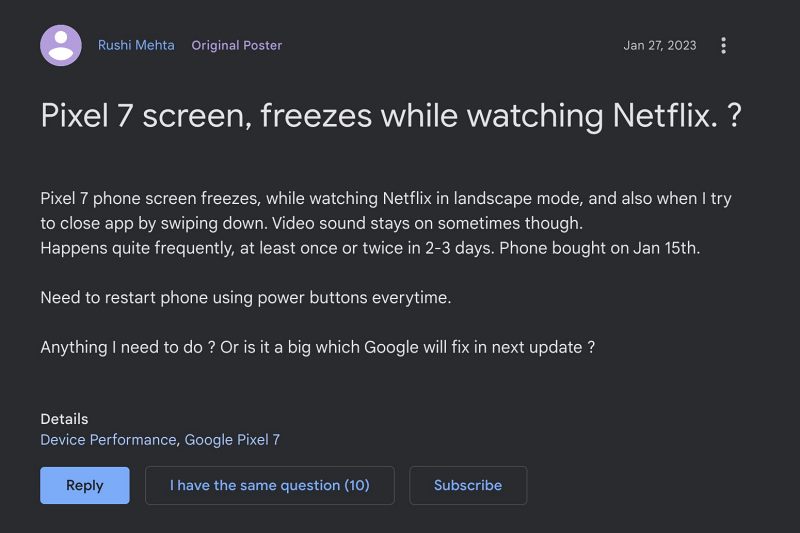 Экран Pixel 7 зависает Netflix